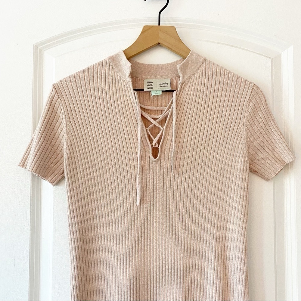 ANTHROPOLOGIE Opal Shimmer Ribbed Short Sleeve Midi Dress - Picture 5 of 13